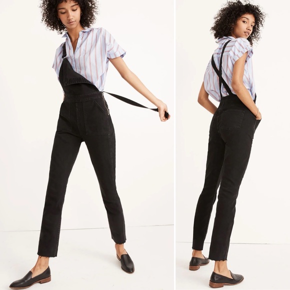 MADEWELL Skinny Overalls in Lunar Wash Black Denim Raw Hem Size L - Picture 1 of 16